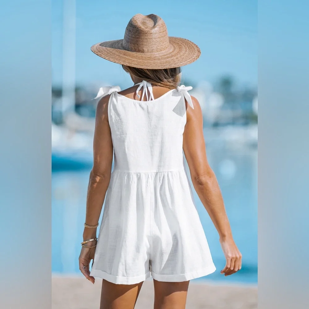 Cupshe NEW Tie Strap Cover Up Romper White Cotton Woven Oversized Women’s Medium - Picture 12 of 15